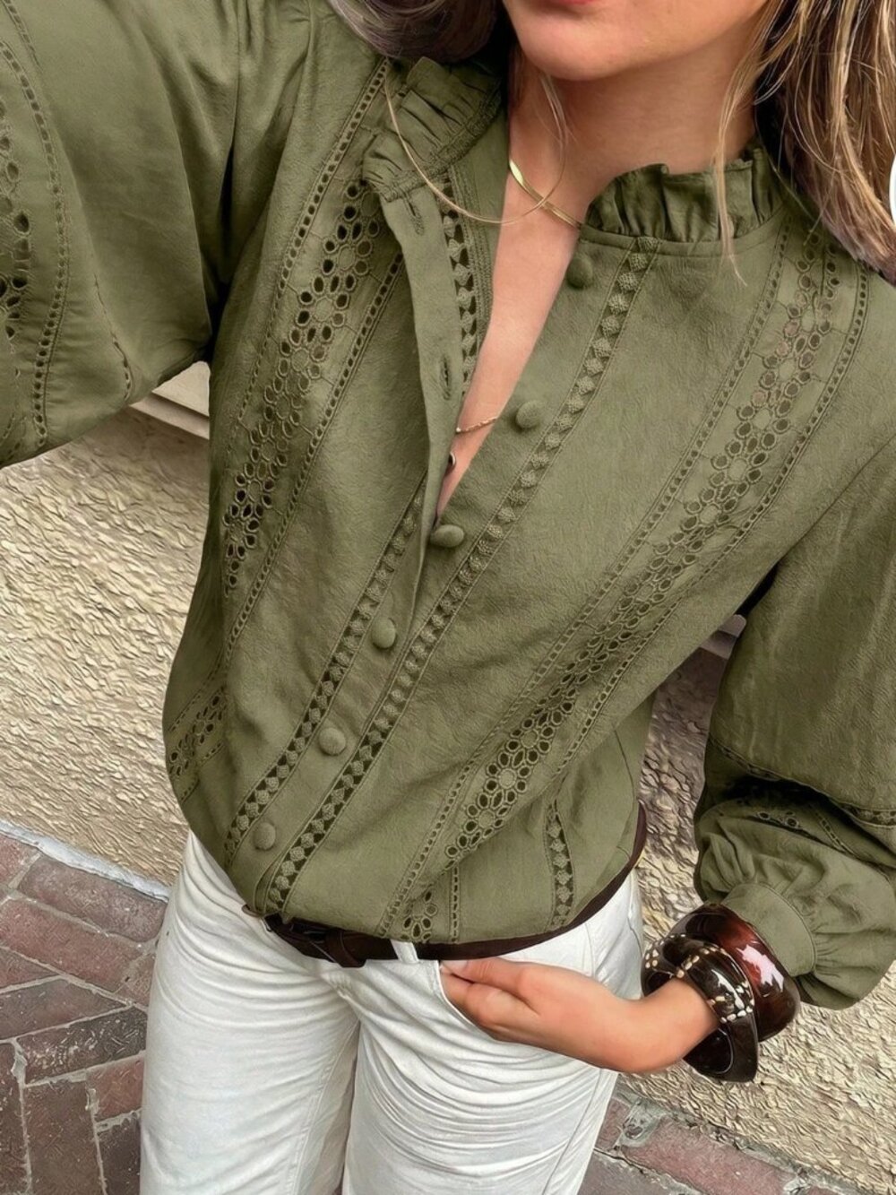 Army Green Casual Women's Minimalist Long Sleeve Shirt